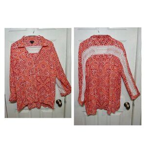 New Directions Peach/Coral Paisley Long Sleeve Buttoned Blouse Top W Crochet XL